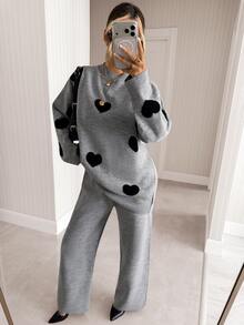 SHEIN Cute Heart Print Soft Knit Oversized Sweater & High Waist Relaxed Fit Knit Pants Co-Ord Set - رمادي - مشاهدة 8
