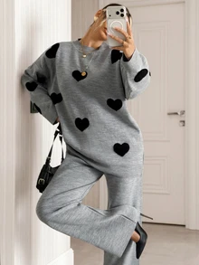 SHEIN Cute Heart Print Soft Knit Oversized Sweater & High Waist Relaxed Fit Knit Pants Co-Ord Set - رمادي - مشاهدة 6