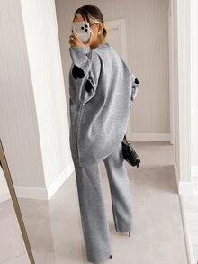 SHEIN Cute Heart Print Soft Knit Oversized Sweater & High Waist Relaxed Fit Knit Pants Co-Ord Set - رمادي - مشاهدة 3
