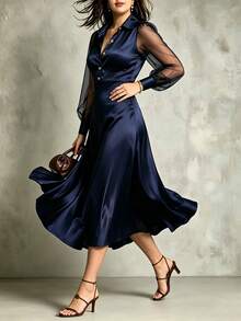 Velvienne Women's Fall/Winter Navy Mesh Patchwork Satin Dress, Lapel Button-Down Swing Ankle-Length Skirt, Sophisticated Occasion Wear For Business Banquet - Navy Blue - View 8