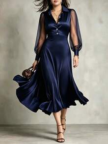 Velvienne Women's Fall/Winter Navy Mesh Patchwork Satin Dress, Lapel Button-Down Swing Ankle-Length Skirt, Sophisticated Occasion Wear For Business Banquet - Navy Blue - View 5