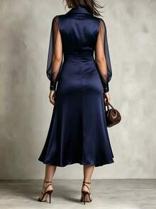 Velvienne Women's Fall/Winter Navy Mesh Patchwork Satin Dress, Lapel Button-Down Swing Ankle-Length Skirt, Sophisticated Occasion Wear For Business Banquet - Navy Blue - View 2