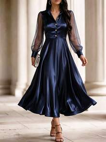 Velvienne Women's Fall/Winter Navy Mesh Patchwork Satin Dress, Lapel Button-Down Swing Ankle-Length Skirt, Sophisticated Occasion Wear For Business Banquet - Navy Blue - View 4