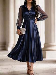 Velvienne Women's Fall/Winter Navy Mesh Patchwork Satin Dress, Lapel Button-Down Swing Ankle-Length Skirt, Sophisticated Occasion Wear For Business Banquet - Navy Blue - View 1