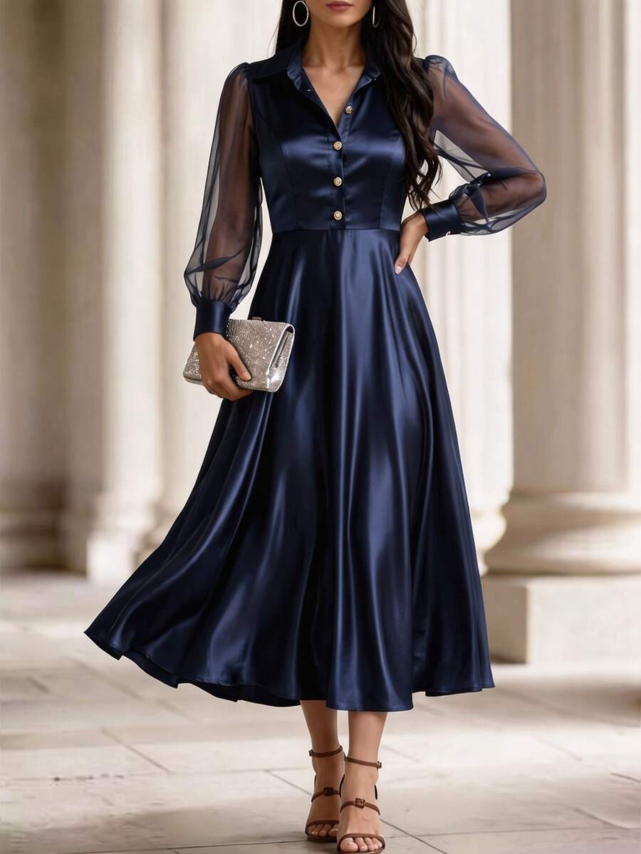 Velvienne Women's Fall/Winter Navy Mesh Patchwork Satin Dress, Lapel Button-Down Swing Ankle-Length Skirt, Sophisticated Occasion Wear For Business Banquet - Navy Blue - View 1