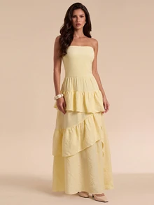 Bluhae Yellow Dress, Spring/Summer Dress, Strapless Ruffle Dress, Evening Gown, Luxury Dress, 2026 New Style Dress - Yellow - View 4