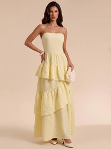 Bluhae Yellow Dress, Spring/Summer Dress, Strapless Ruffle Dress, Evening Gown, Luxury Dress, 2026 New Style Dress - Yellow - View 3