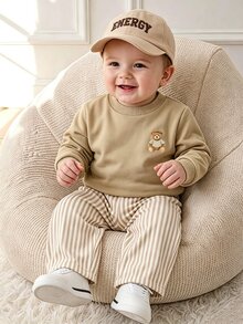 Souflis Souflis 2件組 幼兒男童運動衫+長褲套裝，可愛卡其色熊圖案條紋羅紋長袖圓領上衣，適合生日派對，秋季時尚款 - 卡其色 - 查看 1