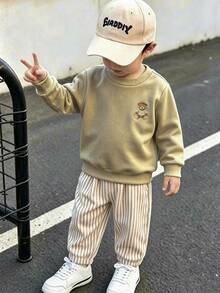 Souflis Souflis 2件組 幼兒男童運動衫+長褲套裝，可愛卡其色熊圖案條紋羅紋長袖圓領上衣，適合生日派對，秋季時尚款 - 卡其色 - 查看 5