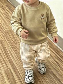 Souflis Souflis 2件組 幼兒男童運動衫+長褲套裝，可愛卡其色熊圖案條紋羅紋長袖圓領上衣，適合生日派對，秋季時尚款 - 卡其色 - 查看 7