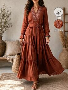 Zayélia Women's Fall Vintage Cottagecore Boho V-Neck Long Sleeve Top And Ruffle Hem Skirt 2 Pieces Set Chocolate Brown Floral Rust Brown Picnic Thanksgiving - Multicolor - View 2