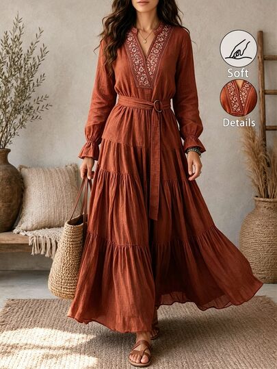 Zayélia Women's Fall Vintage Cottagecore Boho V-Neck Long Sleeve Top And Ruffle Hem Skirt 2 Pieces Set Chocolate Brown Floral Rust Brown Picnic Thanksgiving