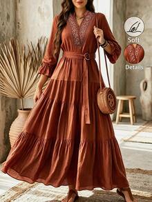 Zayélia Women's Fall Vintage Cottagecore Boho V-Neck Long Sleeve Top And Ruffle Hem Skirt 2 Pieces Set Chocolate Brown Floral Rust Brown Picnic Thanksgiving - Multicolor - View 8