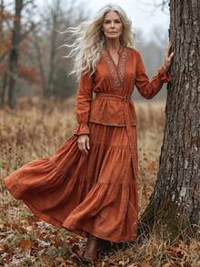 Zayélia Women's Fall Vintage Cottagecore Boho V-Neck Long Sleeve Top And Ruffle Hem Skirt 2 Pieces Set Chocolate Brown Floral Rust Brown Picnic Thanksgiving - Multicolor - View 6