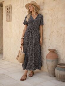 EMERY ROSE Vestido casual de mujer de manga corta con estampado, conjunto de mujer de diseño aleatorio maxi - Negro - Ver 3