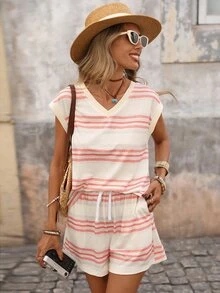 Brillora Pink And White Striped Women's Summer Casual Beach Vacation Holiday 2 Pieces Set,Elegant Soft Cotton Blend Short Sleeve Top And Shorts Outfit Sets - Multicolor - View 3