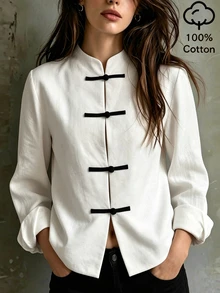 SHEIN 女款 100% 純棉拼色鈕扣長袖襯衫，秋季穿搭，白色襯衫，秋冬襯衫，休閒上衣 - 白色 - 查看 4