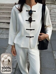 SHEIN 女款 100% 純棉拼色鈕扣長袖襯衫，秋季穿搭，白色襯衫，秋冬襯衫，休閒上衣 - 白色 - 查看 6