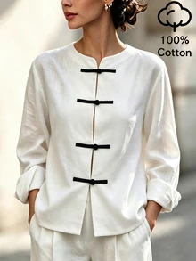 SHEIN 女款 100% 純棉拼色鈕扣長袖襯衫，秋季穿搭，白色襯衫，秋冬襯衫，休閒上衣 - 白色 - 查看 7