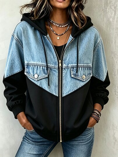 Zayélia Women's Colorblock Patchwork Hooded Jacket Everyday Travel Black Autumn Streetwear Casual