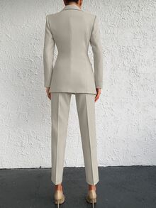 EURMUSE Cotton Solid Color Double Breasted Coat & Long Pants Suit - Apricot - View 2