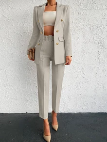 EURMUSE Cotton Solid Color Double Breasted Coat & Long Pants Suit - Apricot - View 3