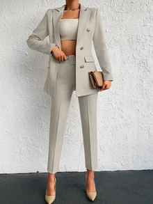 EURMUSE Cotton Solid Color Double Breasted Coat & Long Pants Suit - Apricot - View 5