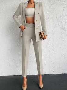 EURMUSE Cotton Solid Color Double Breasted Coat & Long Pants Suit - Apricot - View 1