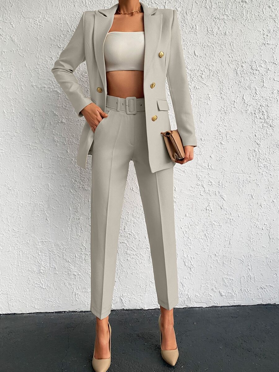 EURMUSE Cotton Solid Color Double Breasted Coat & Long Pants Suit - Apricot - View 1