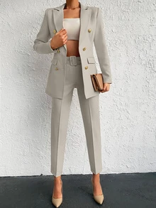 EURMUSE Cotton Solid Color Double Breasted Coat & Long Pants Suit - Apricot - View 4
