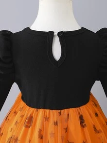 SHEIN 女嬰泡泡褲長袖蝴蝶結愛心網紗洋裝，適合日常穿著、派對，優雅可愛套裝 - 橘色 - 查看 8