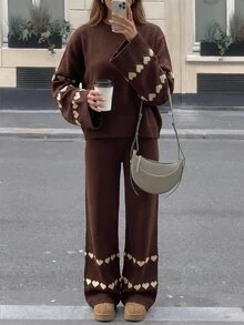 SHEIN طقم ملابس منزلية ناعم محبوك بني داكن لطيف مضلع كنزة وبنطال للاستخدام اليومي والسفر خريف وشتاء كاجوال رومانسي حفلة شاي - بني - مشاهدة 2
