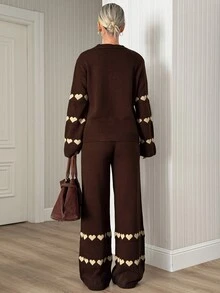 SHEIN طقم ملابس منزلية ناعم محبوك بني داكن لطيف مضلع كنزة وبنطال للاستخدام اليومي والسفر خريف وشتاء كاجوال رومانسي حفلة شاي - بني - مشاهدة 4