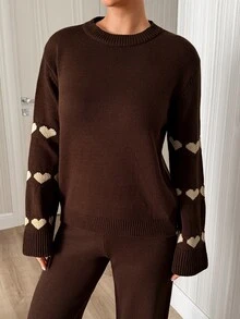 SHEIN طقم ملابس منزلية ناعم محبوك بني داكن لطيف مضلع كنزة وبنطال للاستخدام اليومي والسفر خريف وشتاء كاجوال رومانسي حفلة شاي - بني - مشاهدة 9