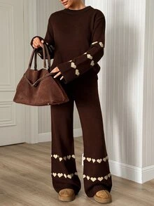 SHEIN طقم ملابس منزلية ناعم محبوك بني داكن لطيف مضلع كنزة وبنطال للاستخدام اليومي والسفر خريف وشتاء كاجوال رومانسي حفلة شاي - بني - مشاهدة 6