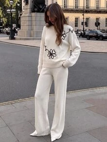 SHEIN Minimalist Off-White Rib-Knit Top And Matching Trousers Two Pieces Co-Ord With Flower Detail - White - View 2