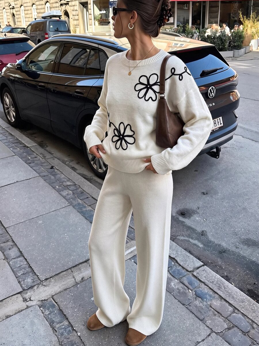 SHEIN Minimalist Off-White Rib-Knit Top And Matching Trousers Two Pieces Co-Ord With Flower Detail - White - View 1