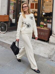SHEIN Minimalist Off-White Rib-Knit Top And Matching Trousers Two Pieces Co-Ord With Flower Detail - White - View 3