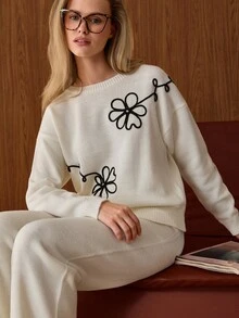 SHEIN Minimalist Off-White Rib-Knit Top And Matching Trousers Two Pieces Co-Ord With Flower Detail - White - View 8