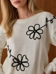 SHEIN Minimalist Off-White Rib-Knit Top And Matching Trousers Two Pieces Co-Ord With Flower Detail - White - View 6