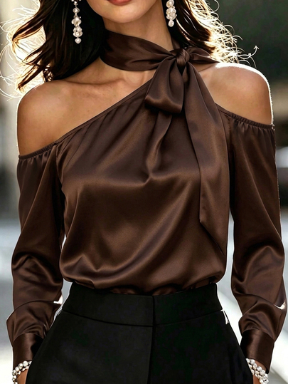 SHEIN Women's Elegant And Casual French Resort Dark Brown Satin Halter Bow One Shoulder Puff Long Sleeve Cropped Blouse Wedding Night Out Bar Party Autumn