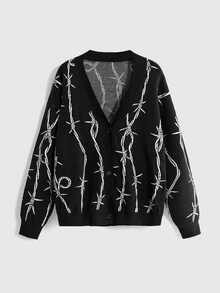 ROMWE Goth كارديجان مفتوح من الأمام فضفاض بنقشة جاكار شوك قوطي داكن للهالوين - الأسود - مشاهدة 1