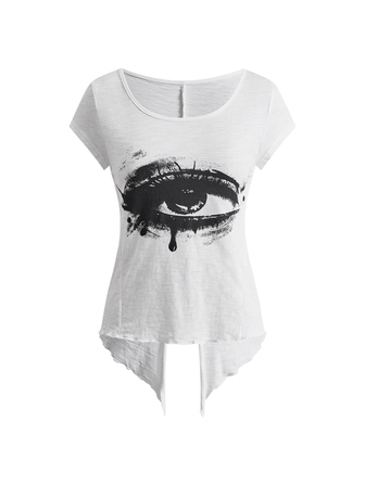 Grunge Punk Women's Short Sleeve T-Shirt, Large U-Neck, Eye Print, Street Punk, Black & White, Bamboo Cotton, Sexy Style, White, Back Hem Slit, Wanderer