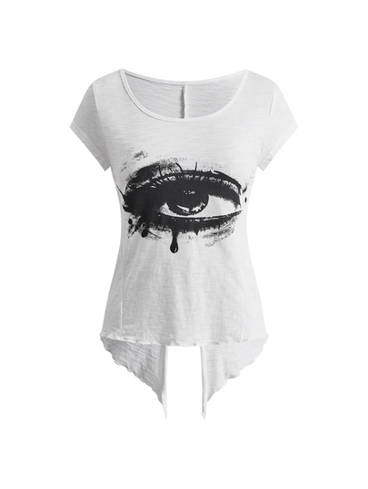 Grunge Punk Women's Short Sleeve T-Shirt, Large U-Neck, Eye Print, Street Punk, Black & White, Bamboo Cotton, Sexy Style, White, Back Hem Slit, Wanderer