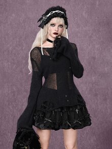 ROMWE Grunge Punk Sweater Lengan Lonceng Polos dengan Tampilan Usang - Hitam - View 6