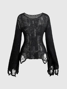 ROMWE Grunge Punk Sweater Lengan Lonceng Polos dengan Tampilan Usang - Hitam - View 9