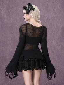 ROMWE Grunge Punk Sweater Lengan Lonceng Polos dengan Tampilan Usang - Hitam - View 5