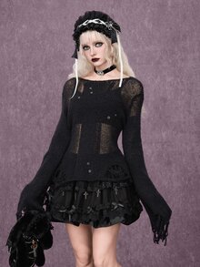 ROMWE Grunge Punk Sweater Lengan Lonceng Polos dengan Tampilan Usang - Hitam - View 7