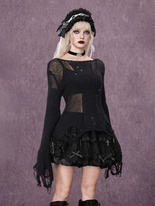 ROMWE Grunge Punk Sweater Lengan Lonceng Polos dengan Tampilan Usang - Hitam - View 3