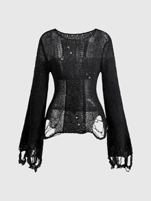 ROMWE Grunge Punk Sweater Lengan Lonceng Polos dengan Tampilan Usang - Hitam - View 1